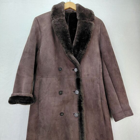 VTG Suede Coat Womens 12 Brown Sheepskin Shearling Wool Norm Thompson Penny Lane - Picture 2 of 14